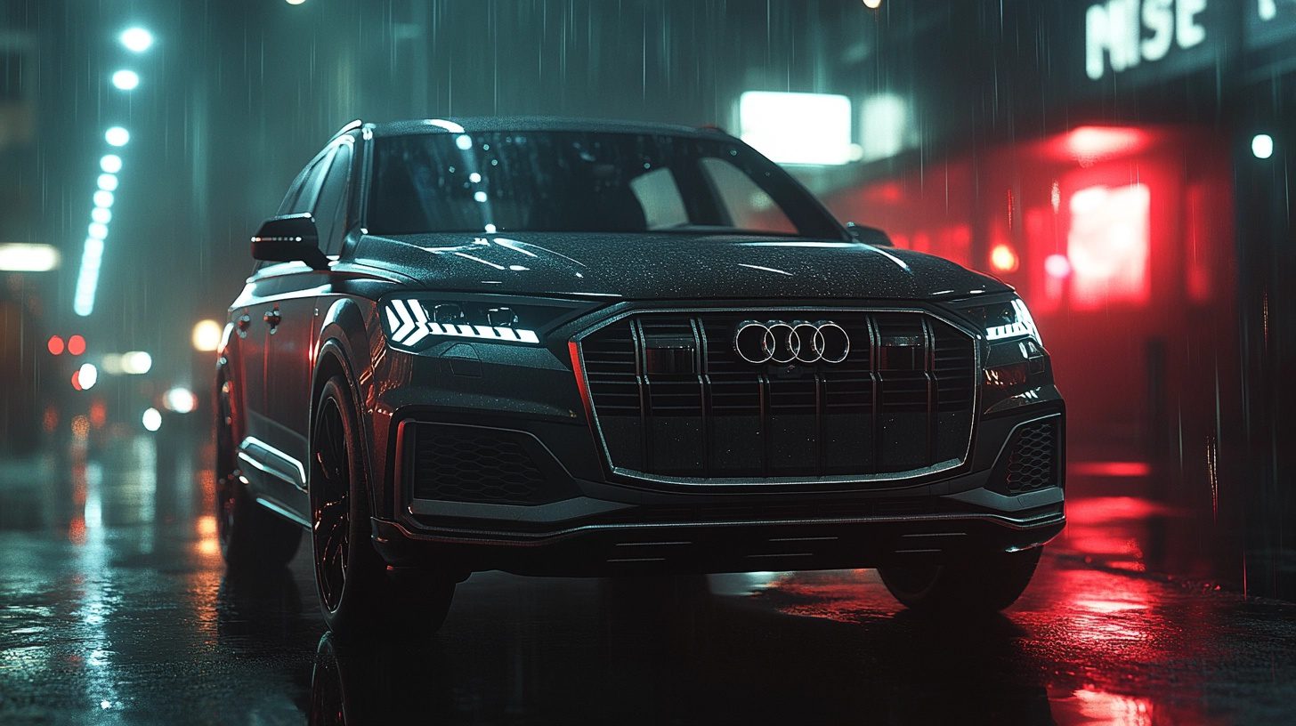 A dark Audi Q7 SUV in the rain at night, with bright headlights and reflections on the wet road.