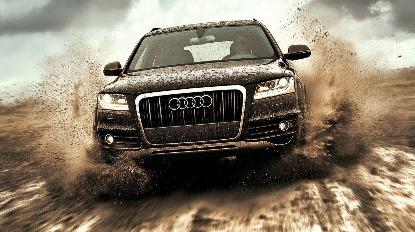 A black Audi Q7 drives through a muddy puddle, splashing water and mud.