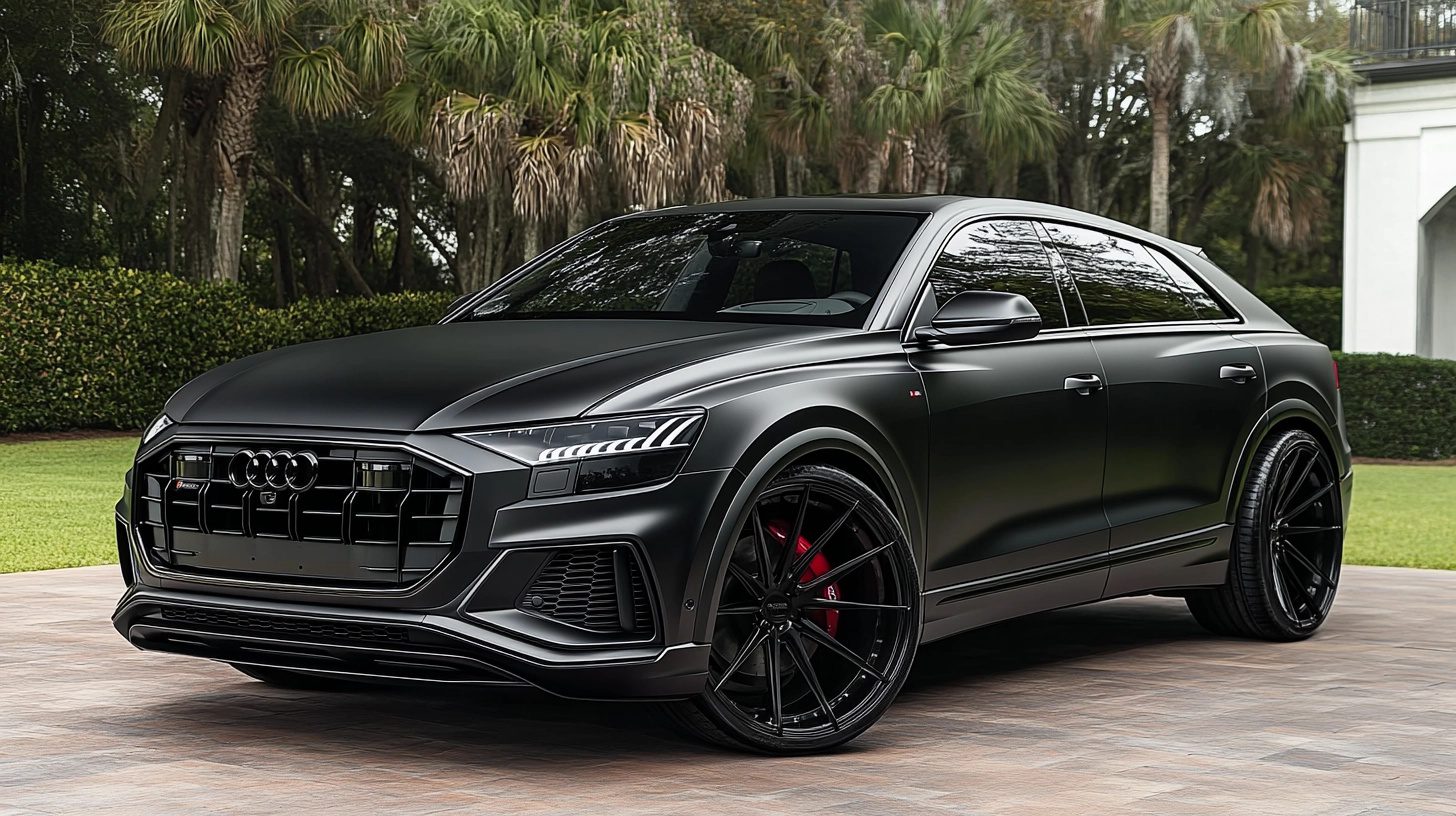A matte black Audi SQ8 parked on a brick driveway, surrounded by lush green foliage and palm trees.