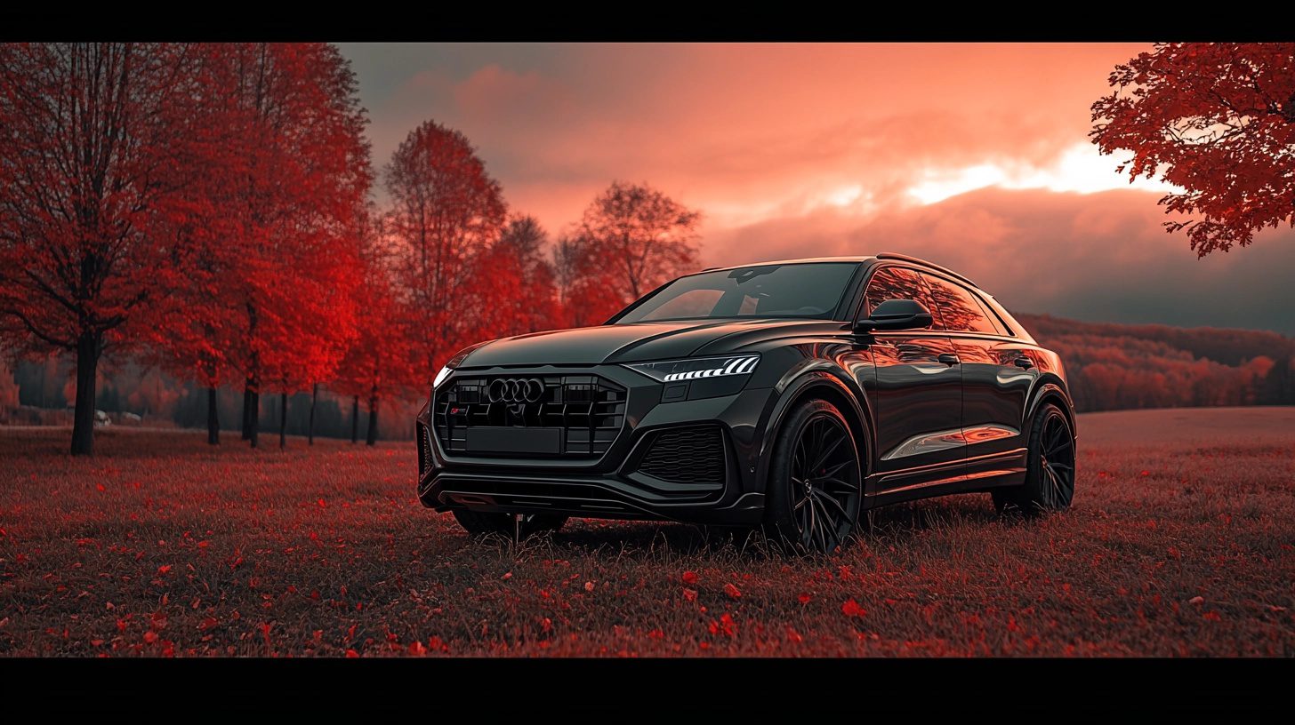 A black Audi RS Q8 SUV parked in a field with vibrant red trees under a fiery sunset.