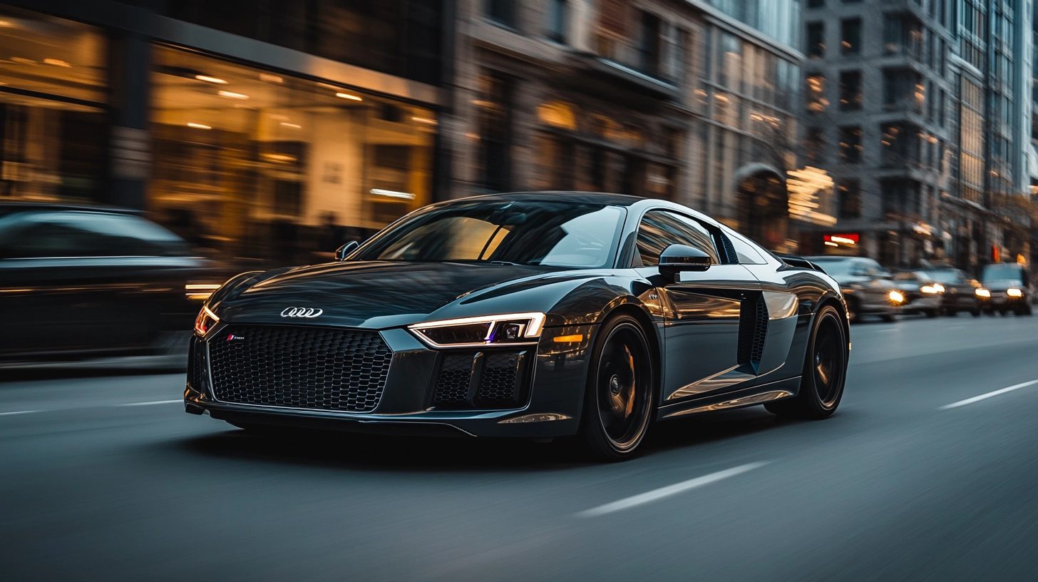 A sleek black Audi R8 sports car drives down a city street at dusk, with blurred lights and buildings.