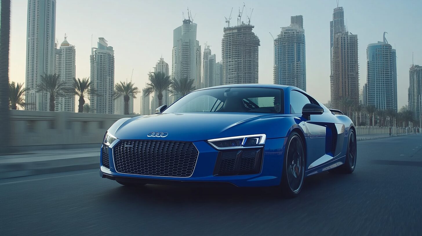 A blue Audi R8 sports car drives on a road with a city skyline in the background.