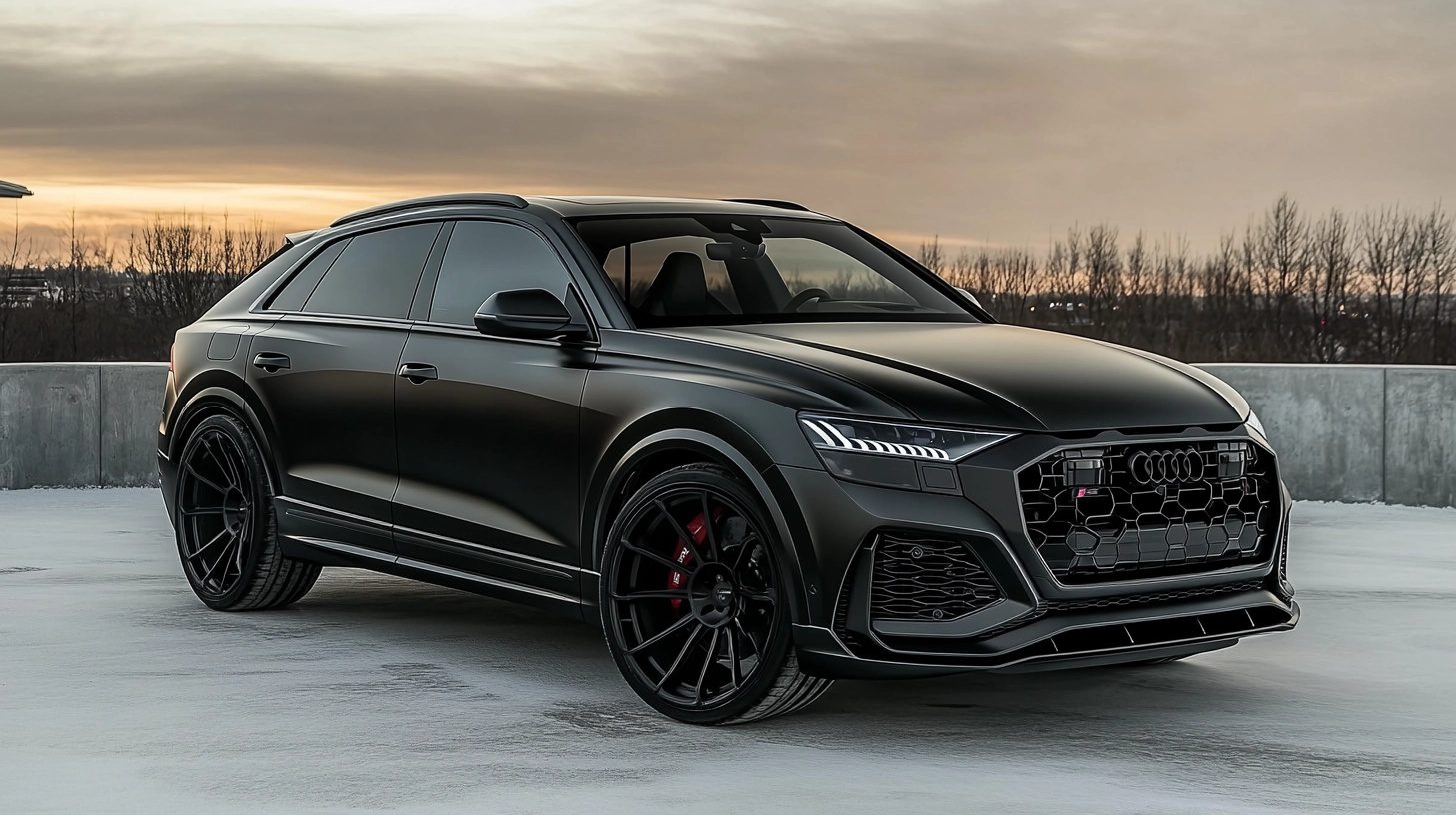 A sleek, matte black Audi RSQ8 parked outdoors at dusk, showcasing its aggressive styling and red brake calipers.