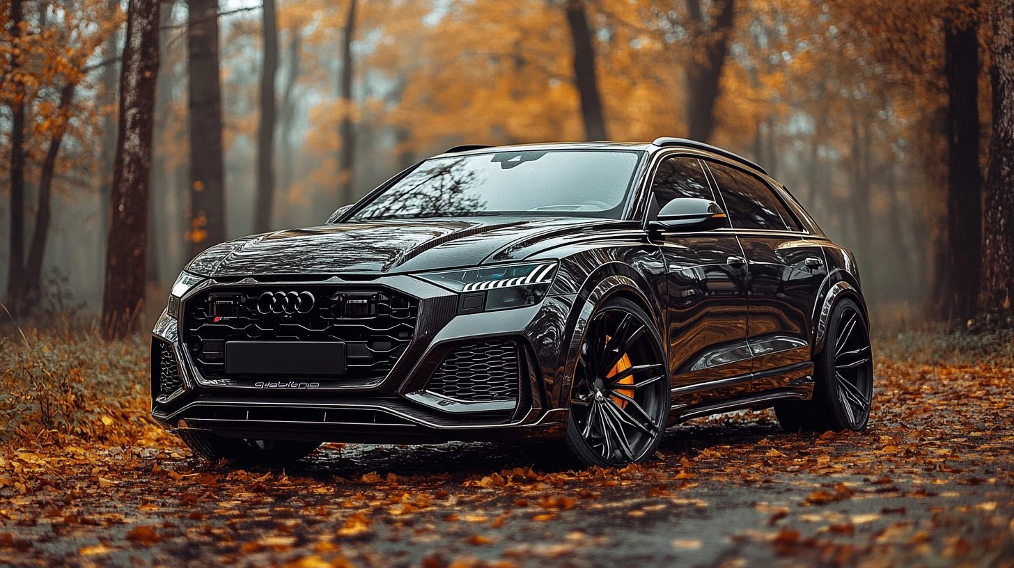 A dark grey Audi RS Q8 with orange brake calipers is parked on a forest path covered in fallen autumn leaves.