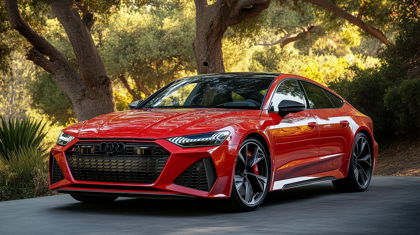 A vibrant red 2024 Audi RS 7 Sportback, parked outdoors with trees in the background.