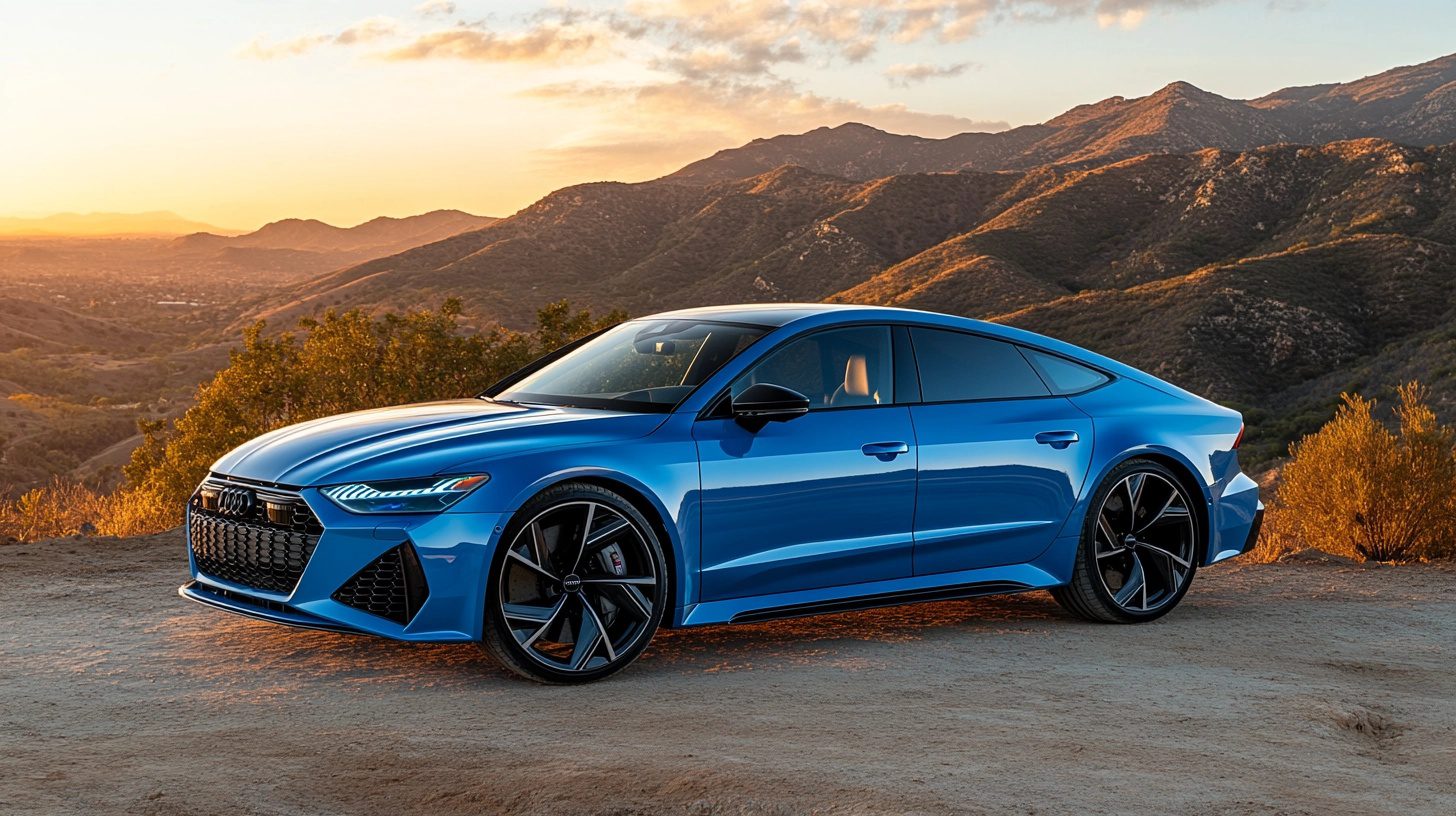 A blue Audi RS7 Sportback parked on a dirt road with mountains and a sunset in the background.
