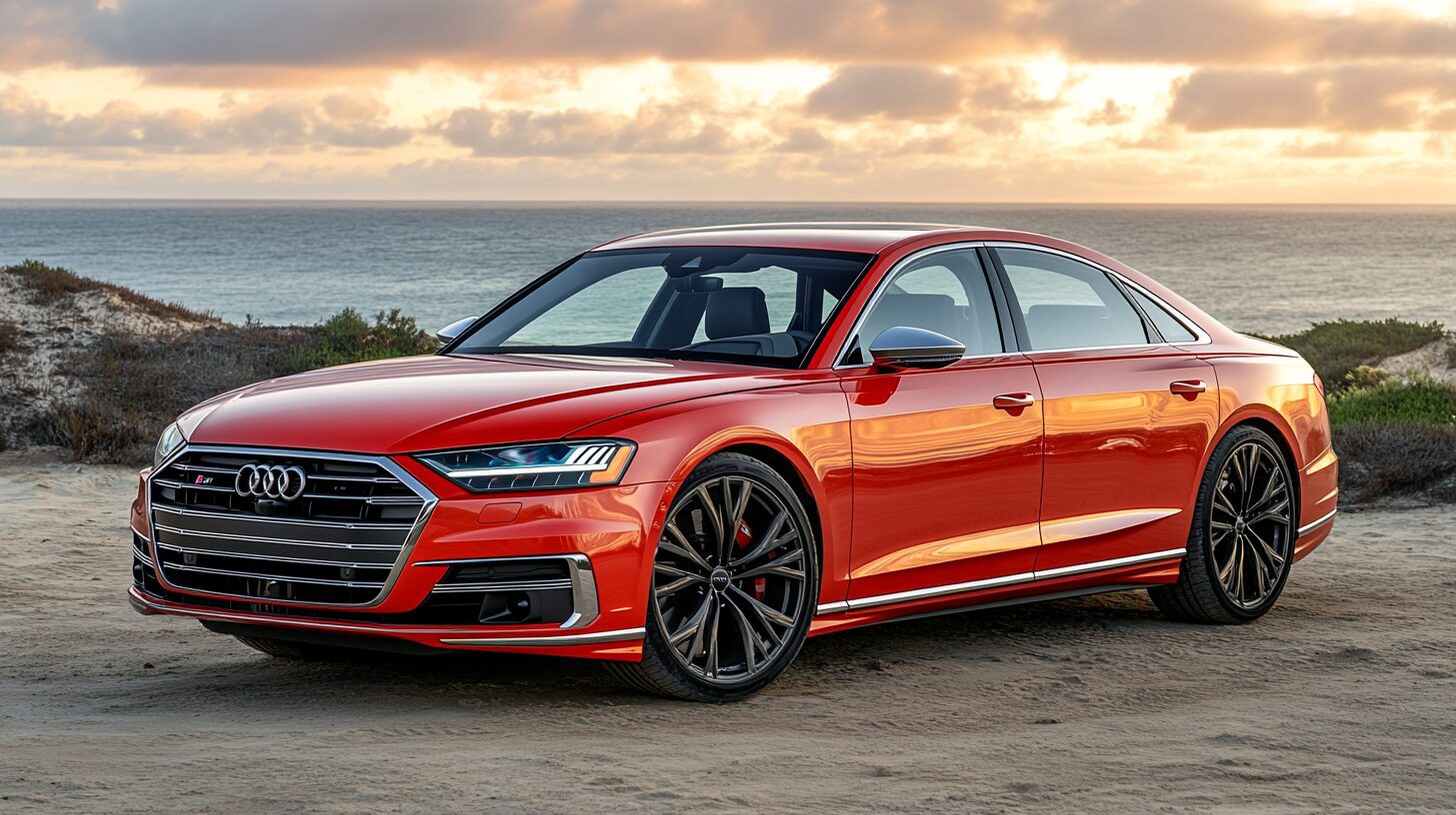 A vibrant red Audi S8 sedan parked on a sandy beach at sunset, with the ocean in the background.