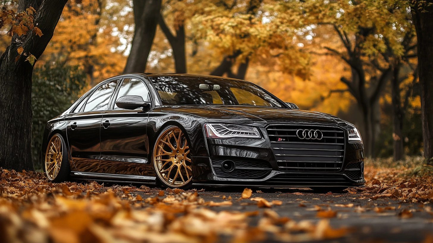 A sleek black Audi S8 with gold rims parked on a road covered in autumn leaves, surrounded by trees with golden foliage.