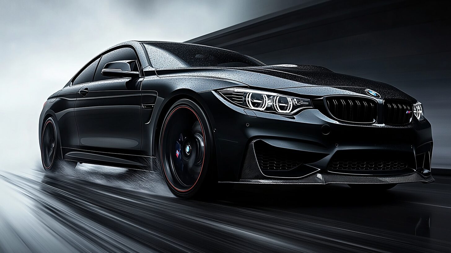 A sleek, black BMW M4 Coupe speeding on a wet road, showcasing its aggressive design and dynamic motion.
