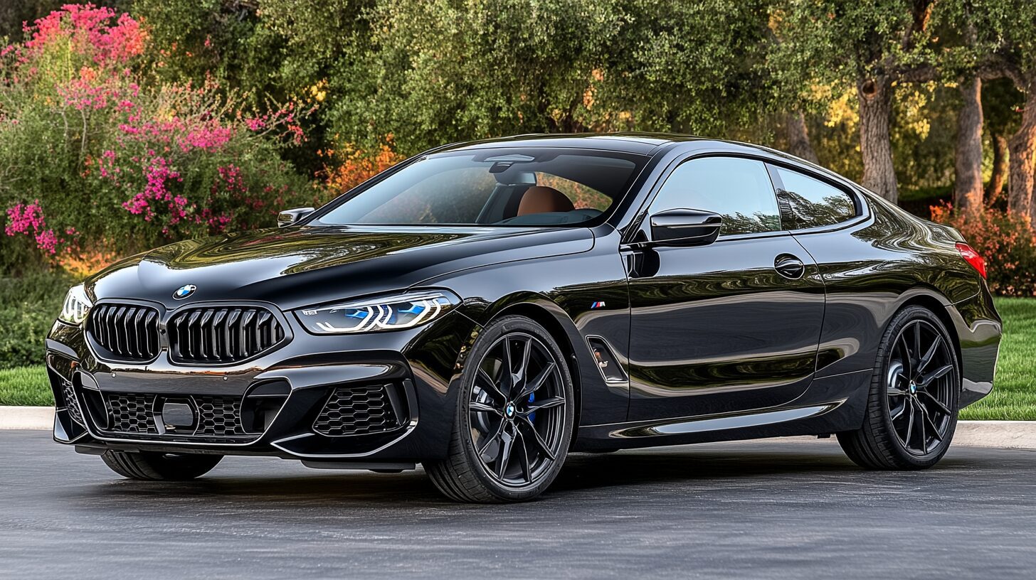 A sleek black BMW M850i xDrive Coupe parked outdoors, showcasing its sporty design and luxurious appeal.