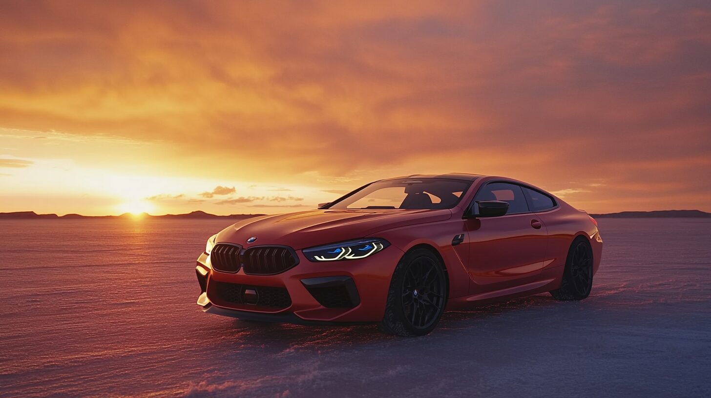 A red BMW M8 Competition coupe parked on a salt flat at sunset.