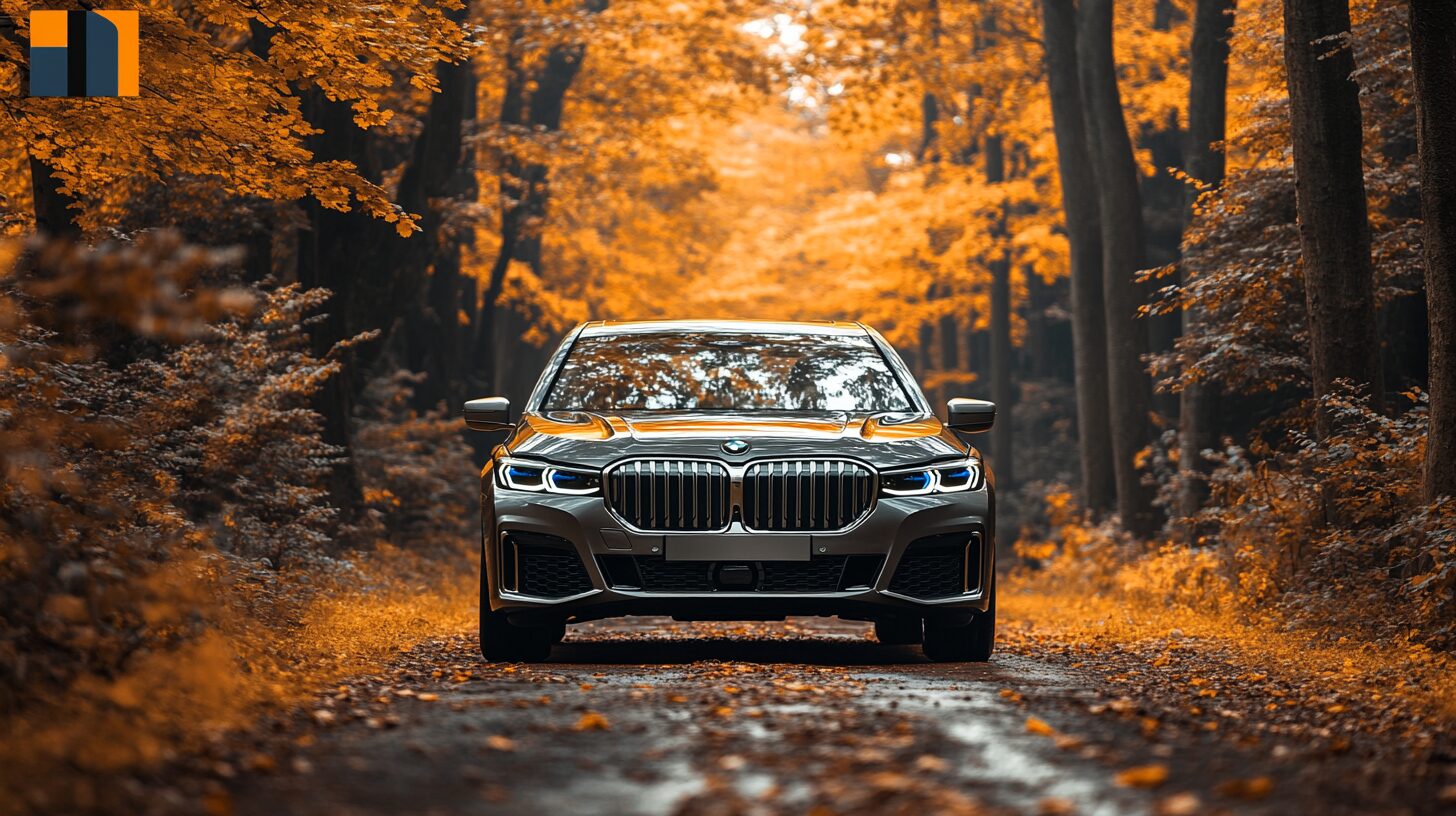A BMW 7-series drives on a dirt road through a forest with autumn foliage.