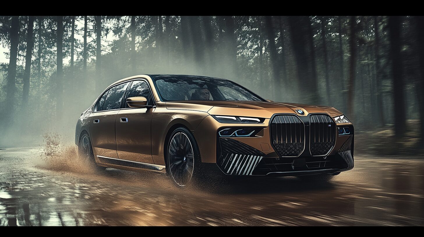 A gold BMW 7 series driving through a muddy forest road, splashing water and mud.