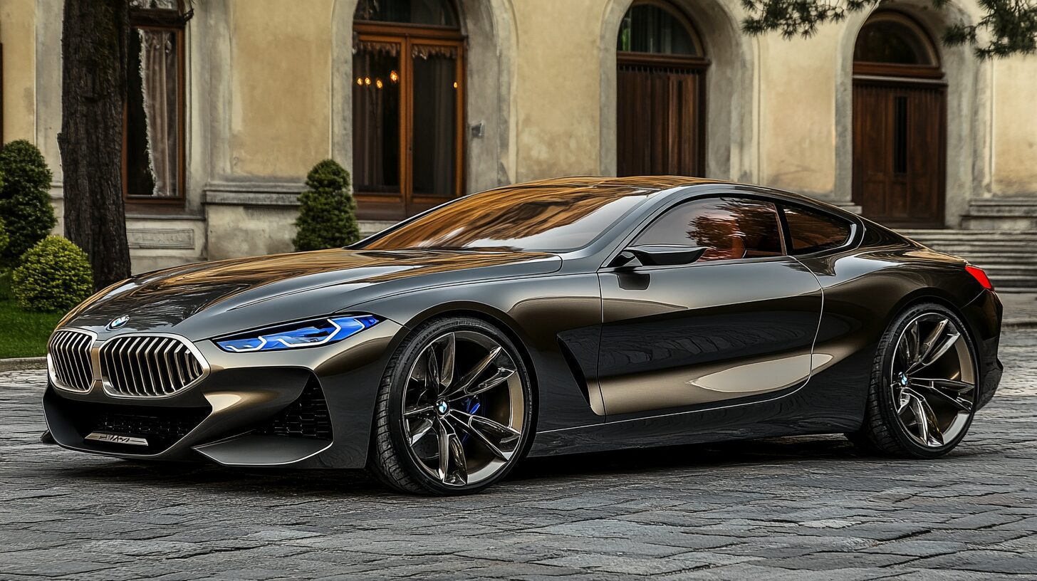 A sleek, dark grey BMW 8 Series Concept car parked on a cobblestone street in front of a classic building.