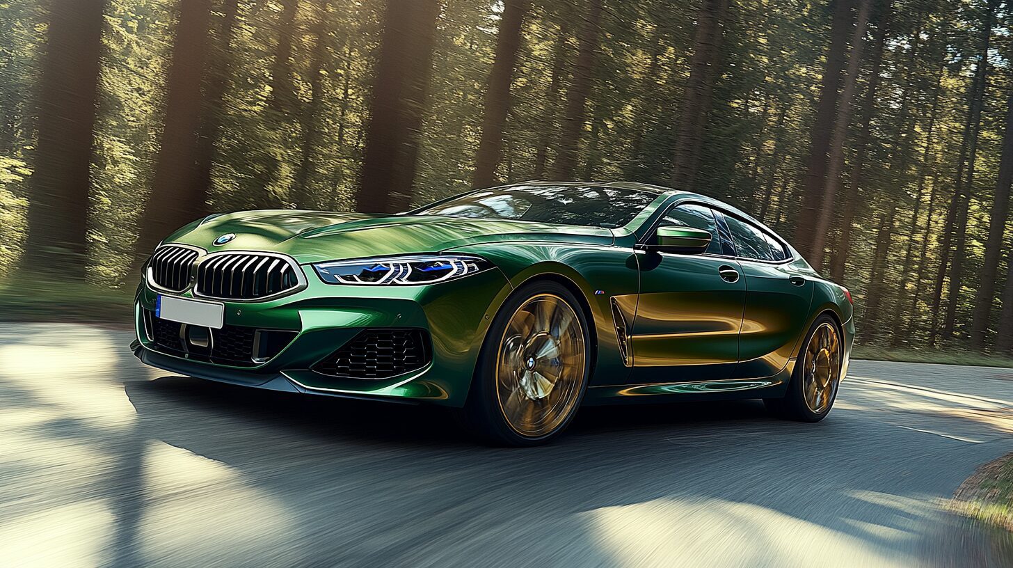 A green BMW 8 Series coupe drives on a winding road through a sun-dappled forest.