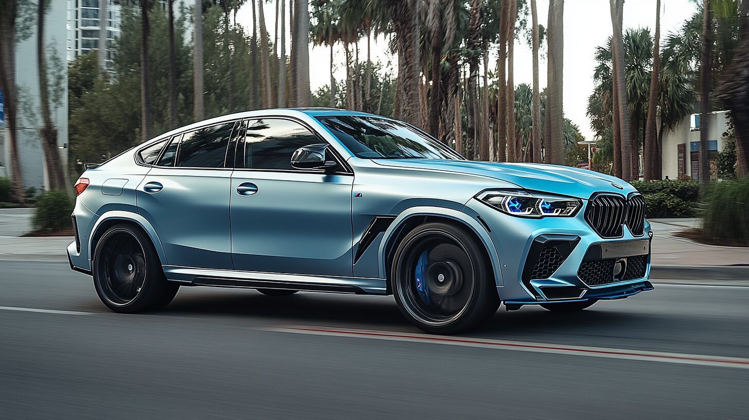 A light blue BMW X6 M drives on a paved road lined with palm trees.