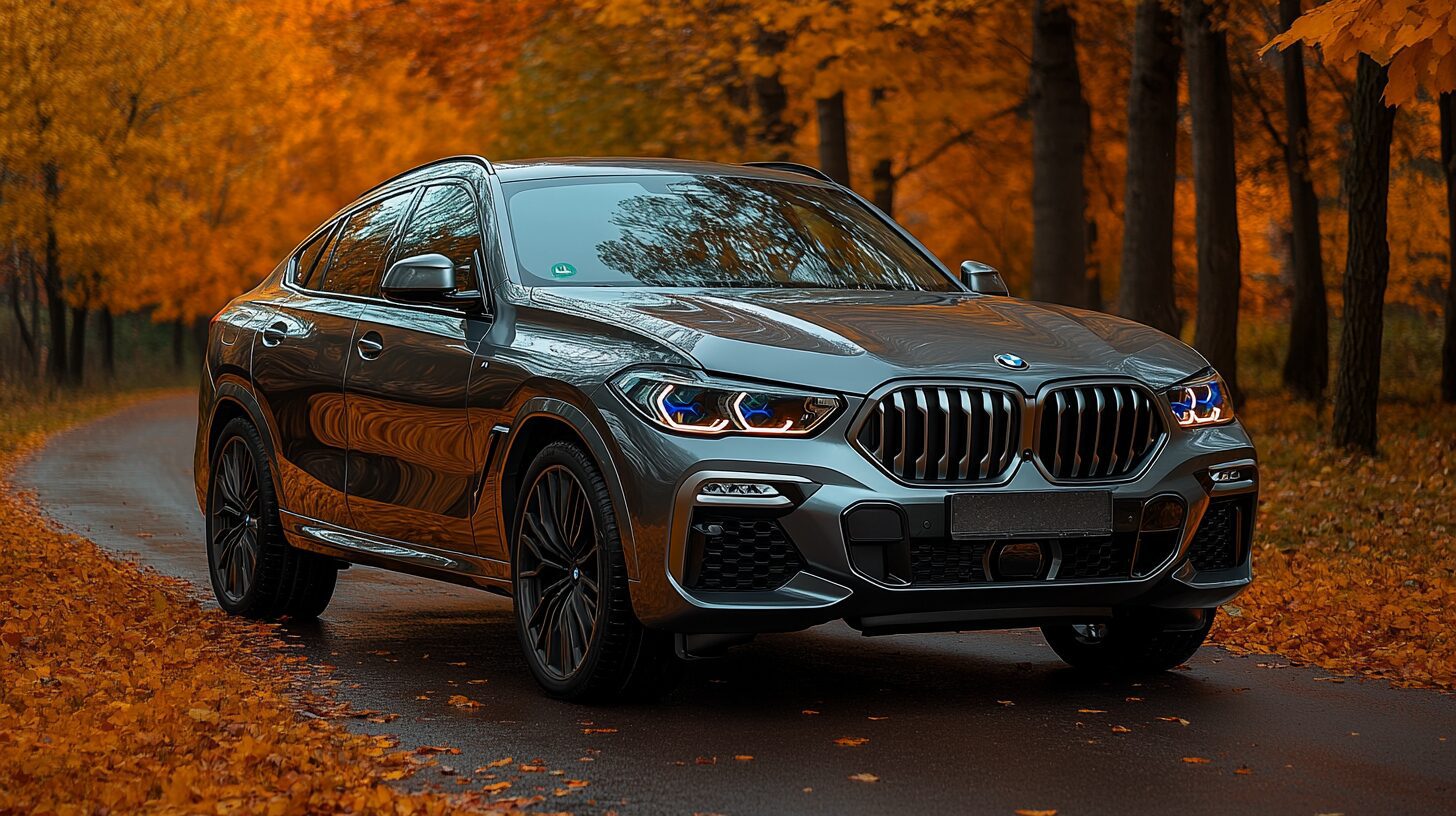 Dark grey BMW X6 SUV on a winding road with vibrant orange and yellow autumn leaves.