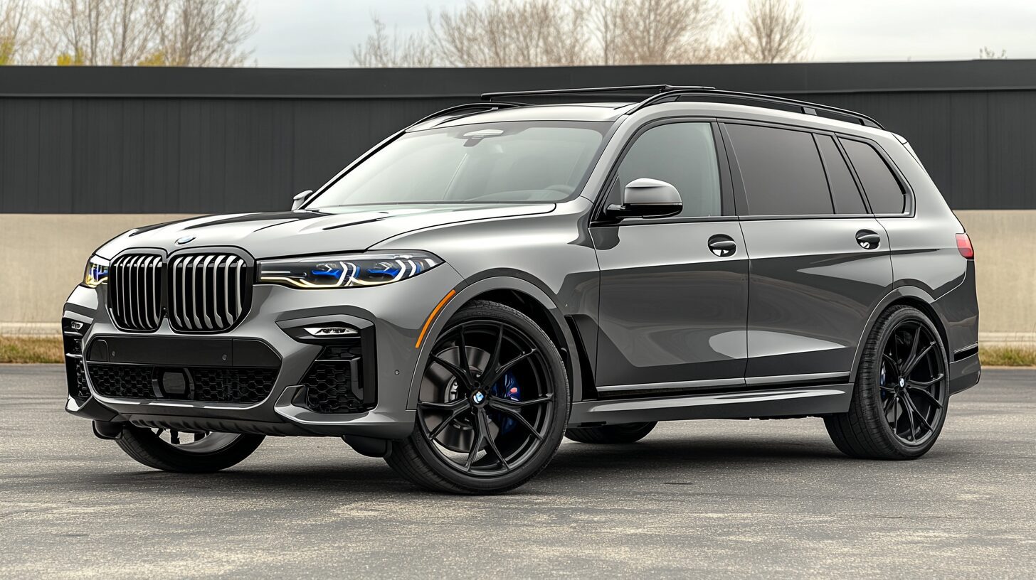 A sleek, dark grey BMW X7 SUV parked on asphalt with a modern building and trees in the background.