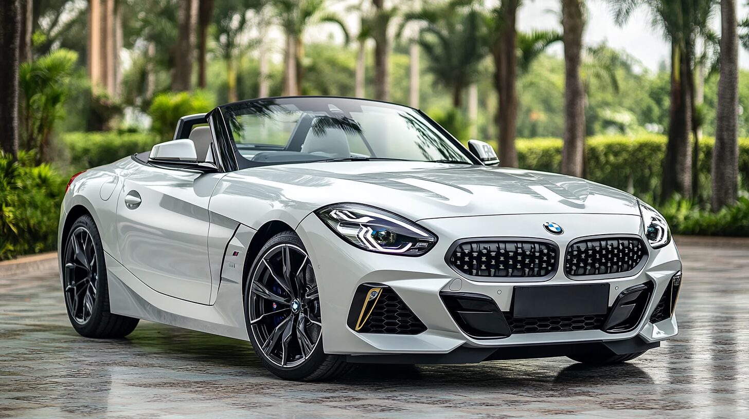 A sleek, white BMW Z4 convertible parked outdoors with palm trees in the background.