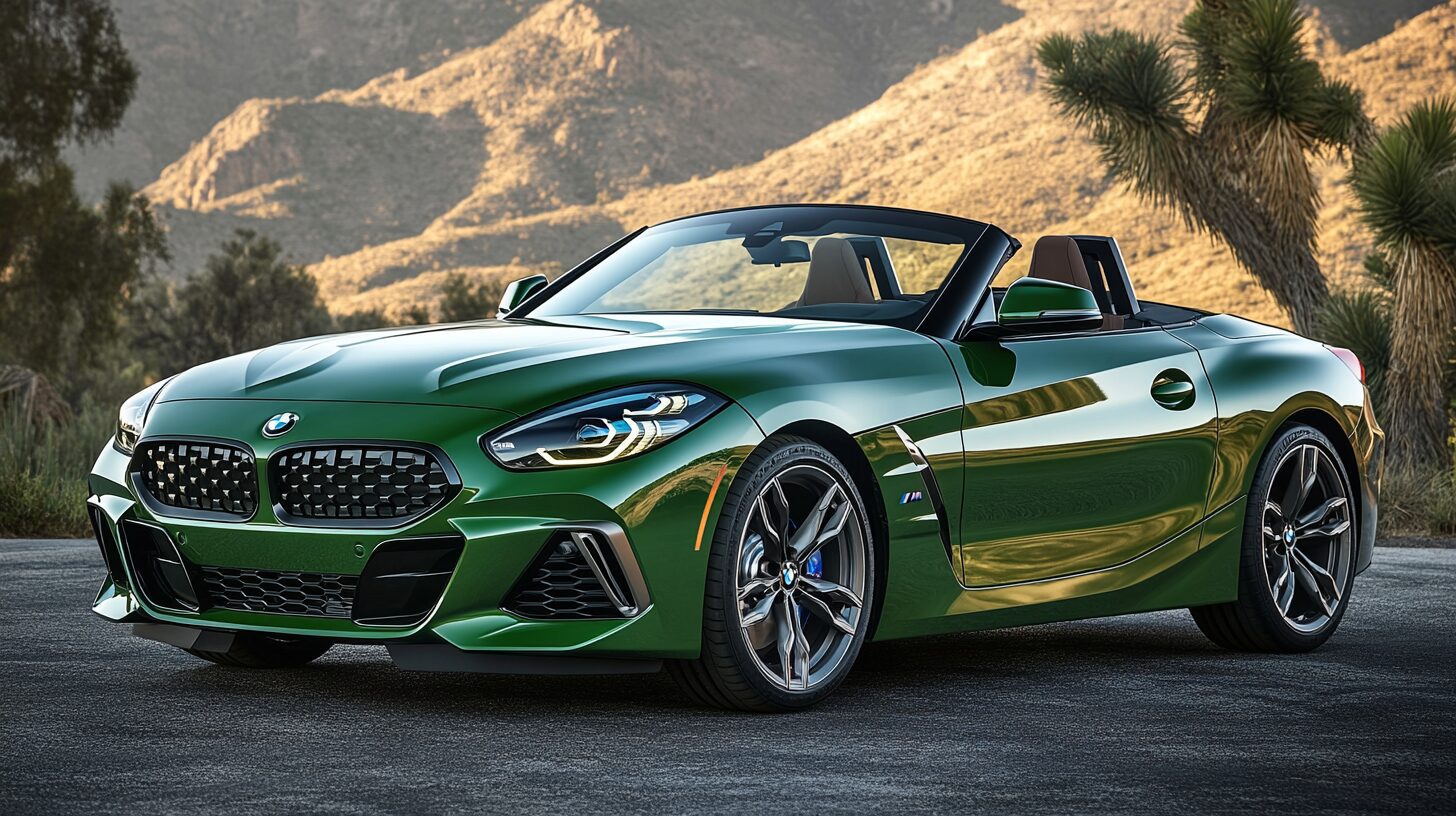 A green BMW Z4 convertible parked on an asphalt road with mountains and desert plants in the background.