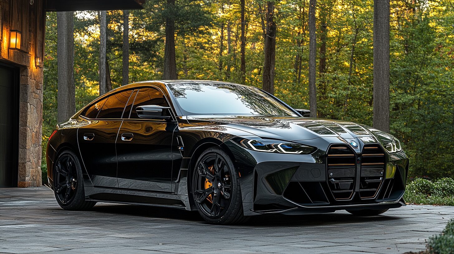 A black BMW M3 parked on a paved driveway in front of a house with a forest background.