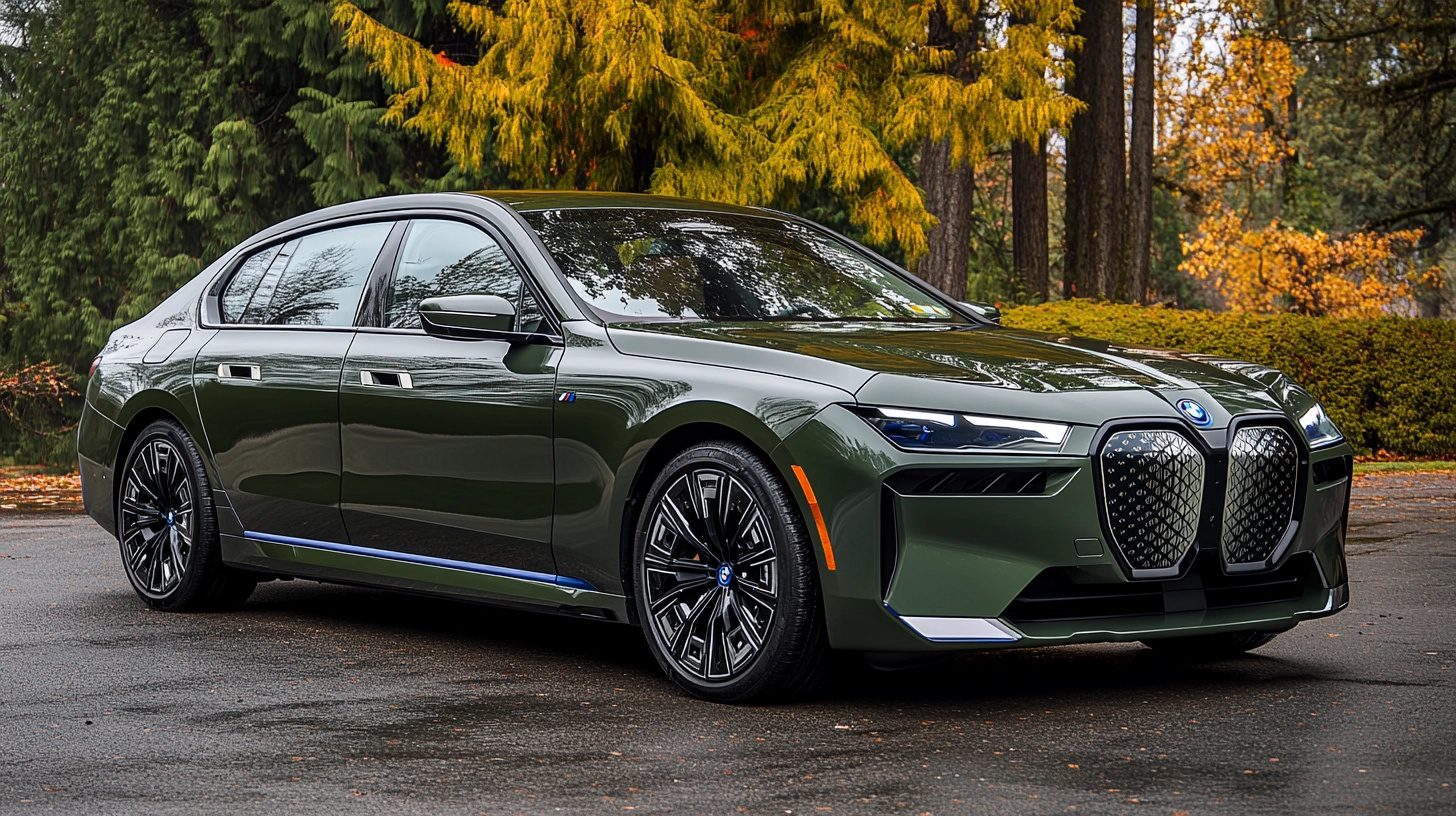 Dark green BMW i7 parked on a wet road with autumn trees in the background.