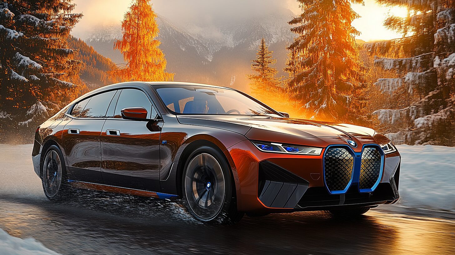 A red and black BMW i4 electric car drives on a snowy road with sunlit trees and mountains.
