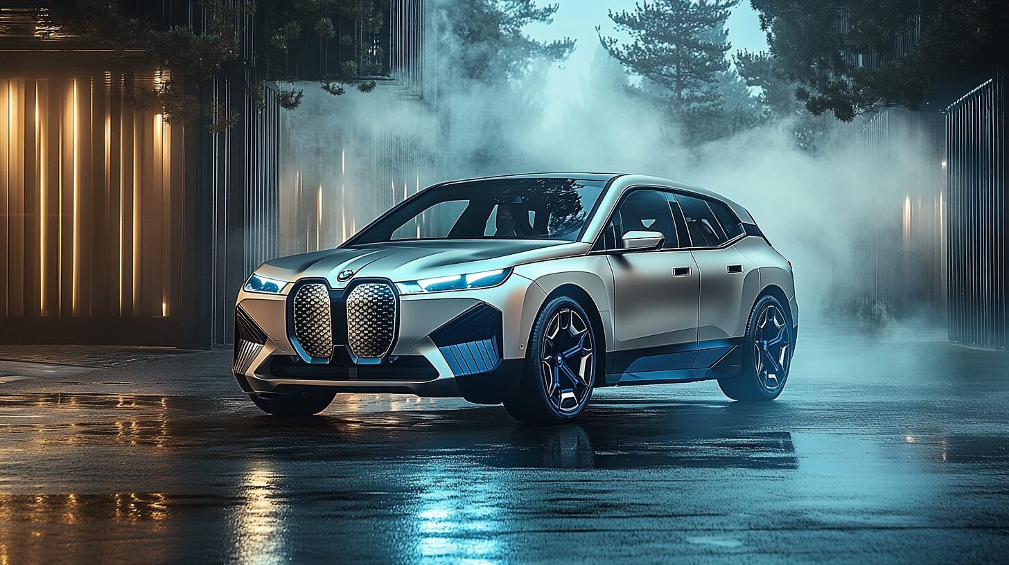 A silver BMW iX electric SUV parked on a wet street at night, surrounded by mist and trees.