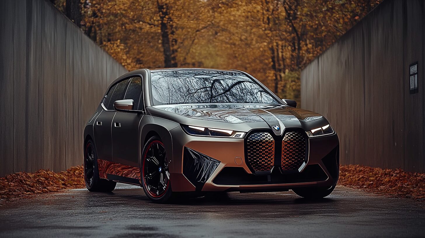 A sleek, dark gray BMW iX with bronze accents, parked on a wet road surrounded by autumn leaves.