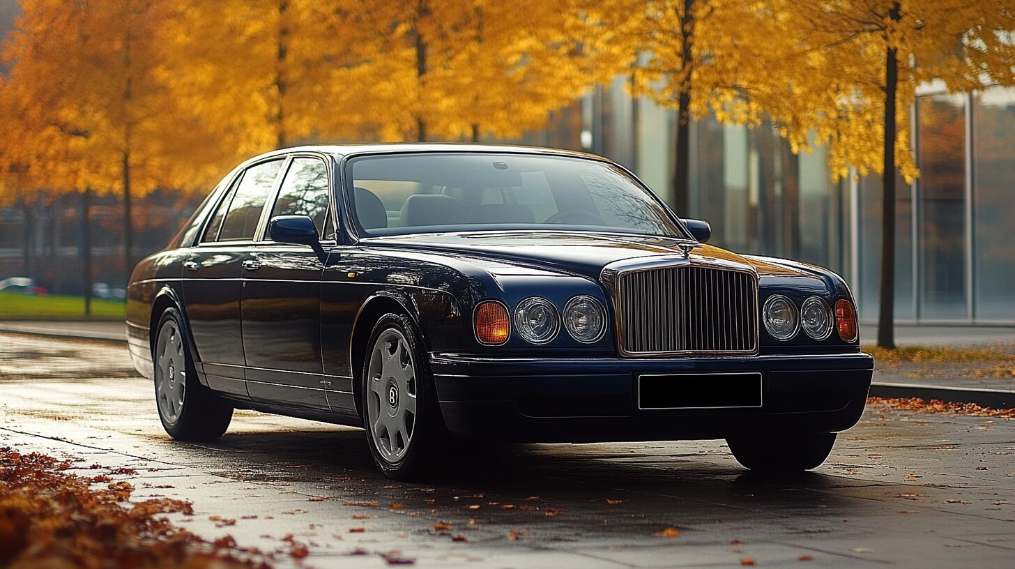 A dark blue luxury sedan parked on a wet road with autumn trees in the background.
