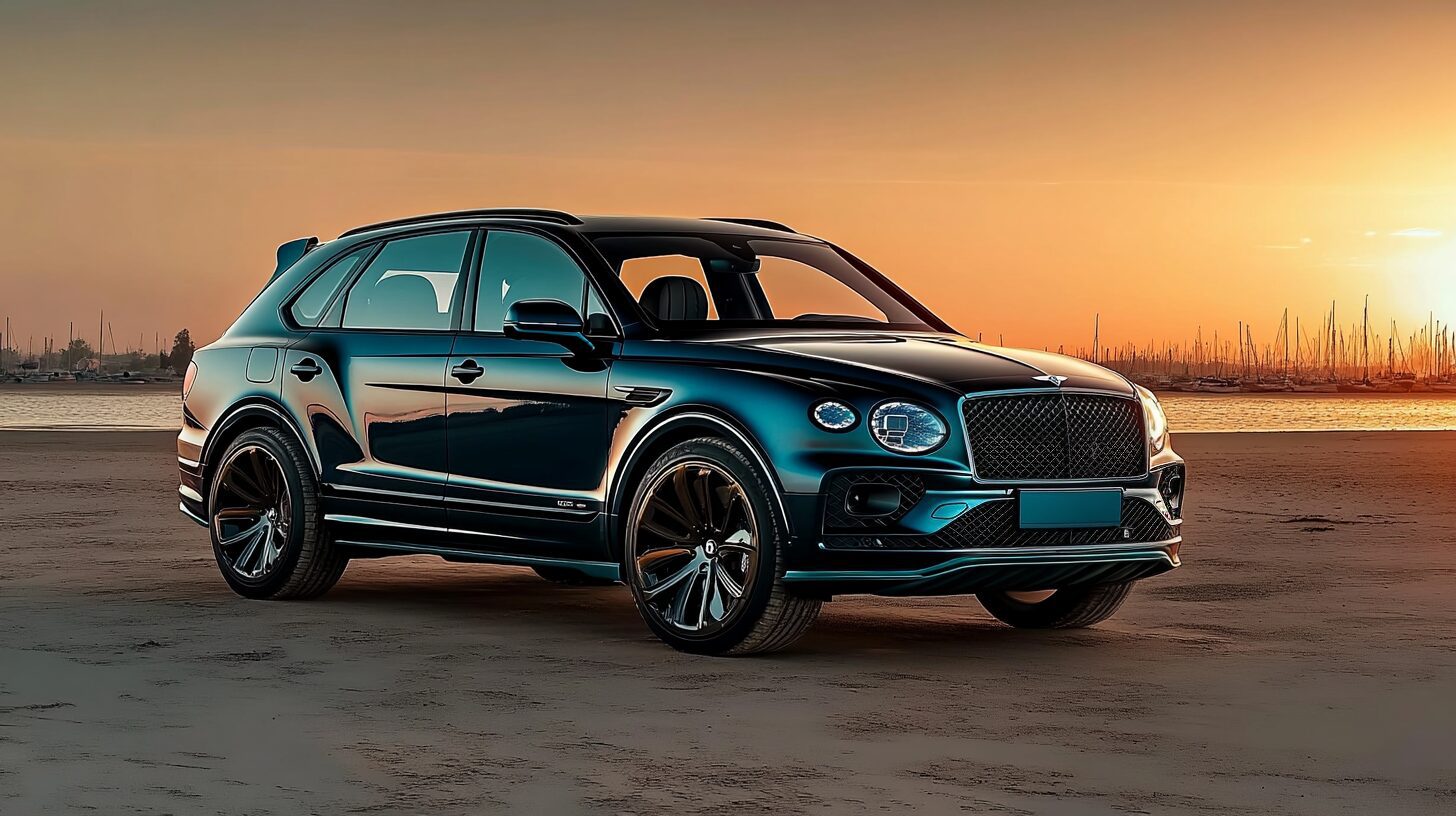 A dark blue Bentley Bentayga SUV parked on a sandy beach at sunset, with boats in the background.