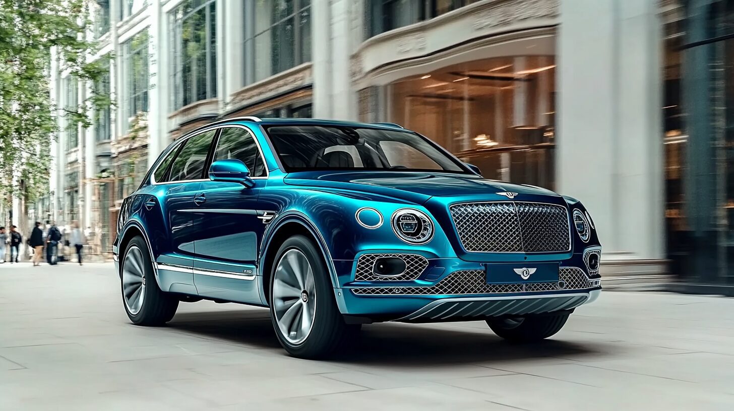 A luxurious blue Bentley Bentayga SUV drives down a city street with modern buildings.