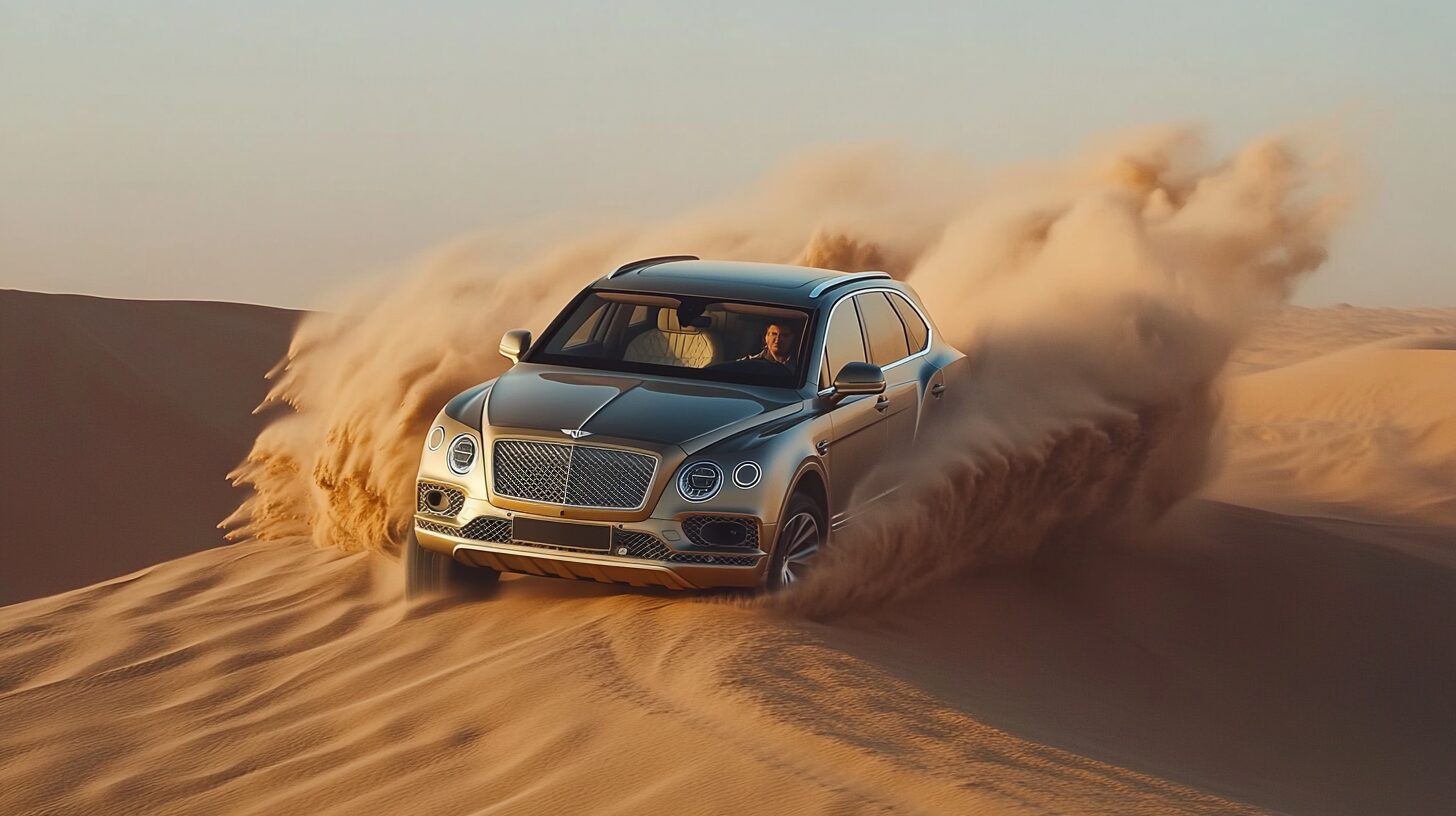 A Bentley Bentayga SUV drives through sand dunes, kicking up a large cloud of dust in a desert landscape.