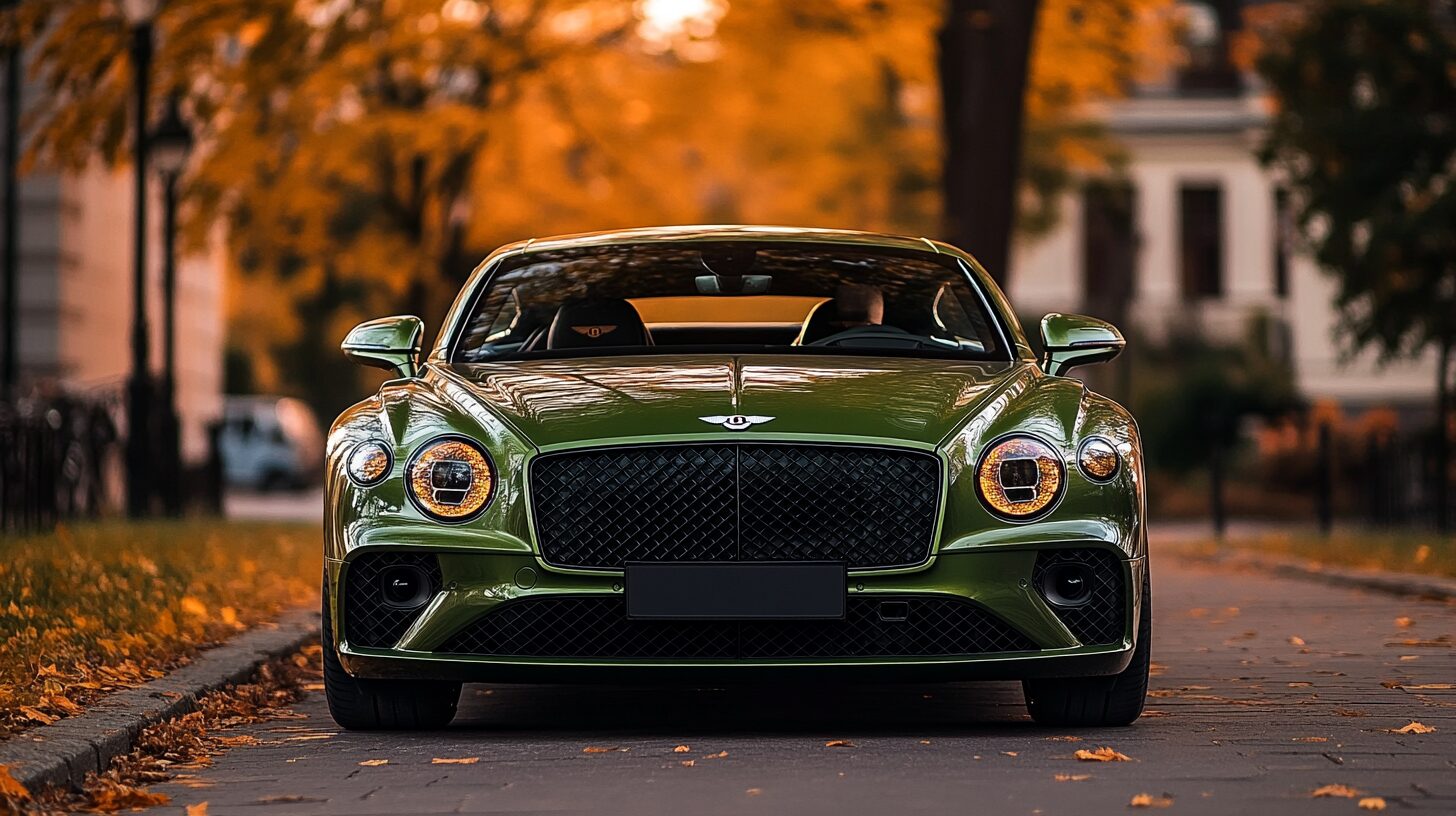 A green Bentley Continental GT parked on a street lined with autumn trees.