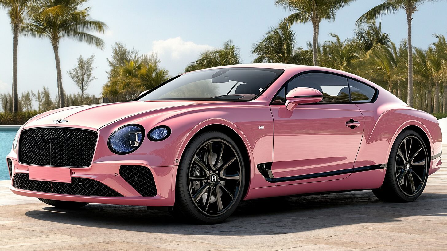 A pink Bentley Continental GT parked outdoors with palm trees and a swimming pool in the background.