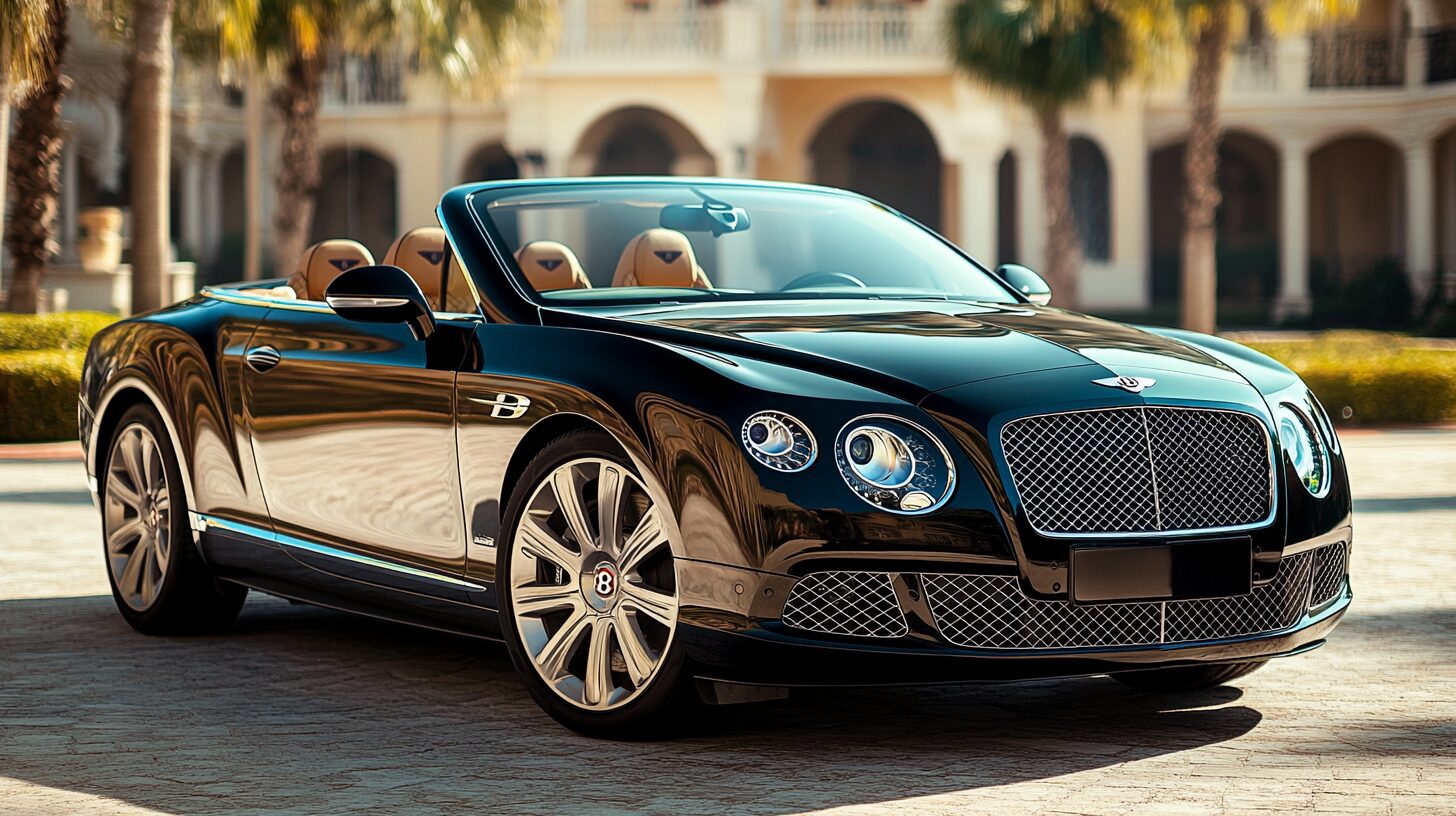 A black Bentley Continental GT convertible parked in front of a luxurious building with palm trees.