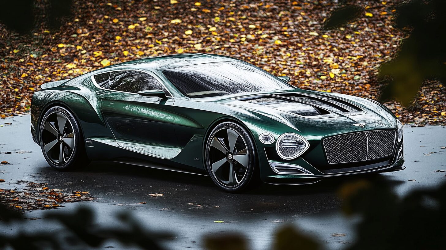 A sleek, dark green Bentley EXP 100 GT concept car parked on a wet road with autumn leaves.