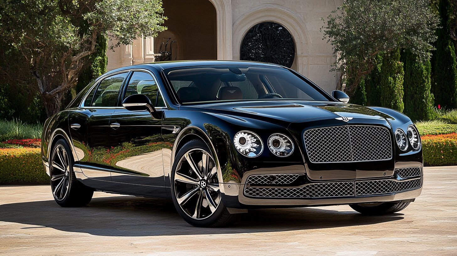A sleek black Bentley Flying Spur parked in front of a luxurious mansion on a sunny day.