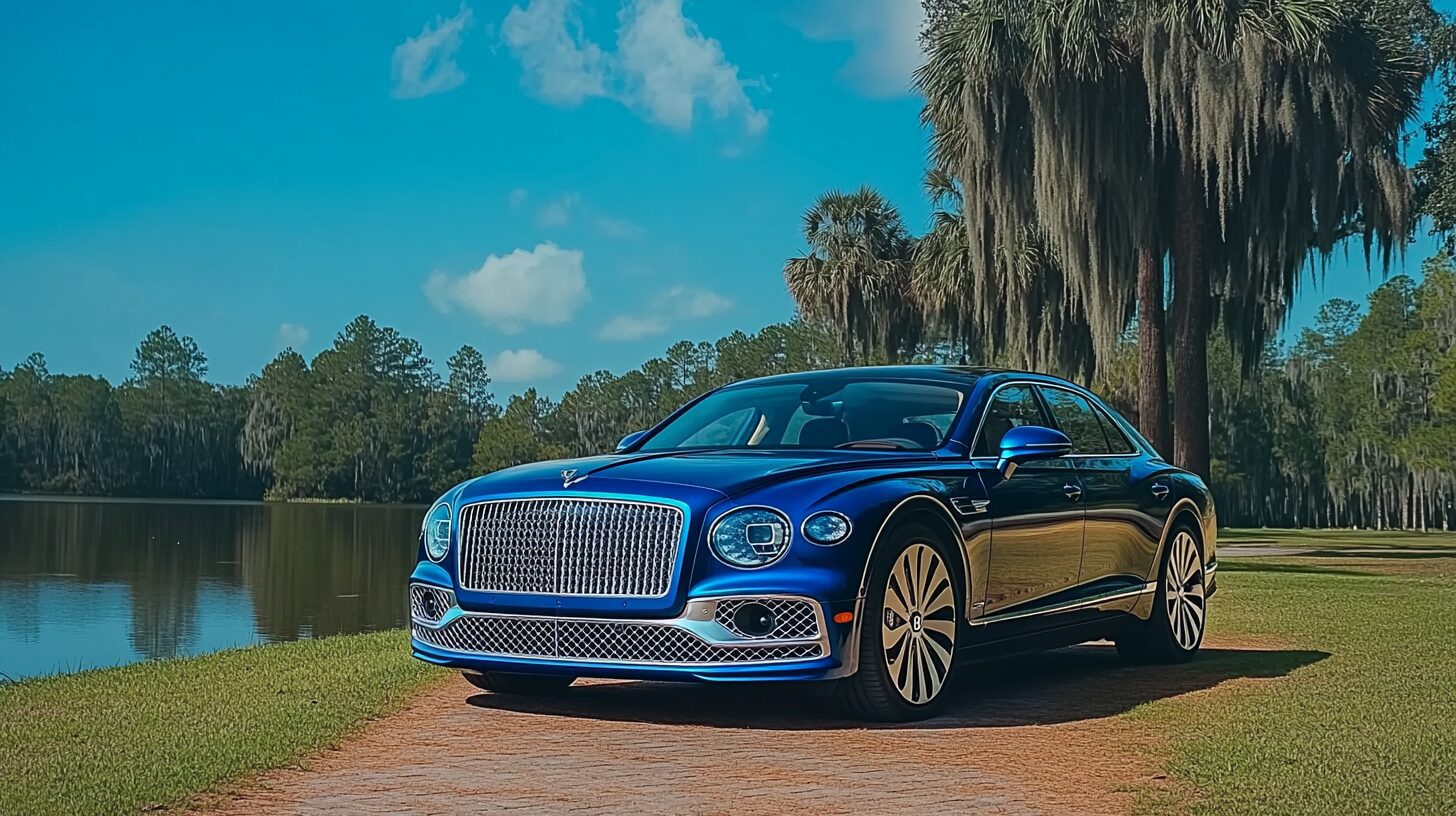 A luxurious blue Bentley Flying Spur parked on a path beside a tranquil lake with lush trees.