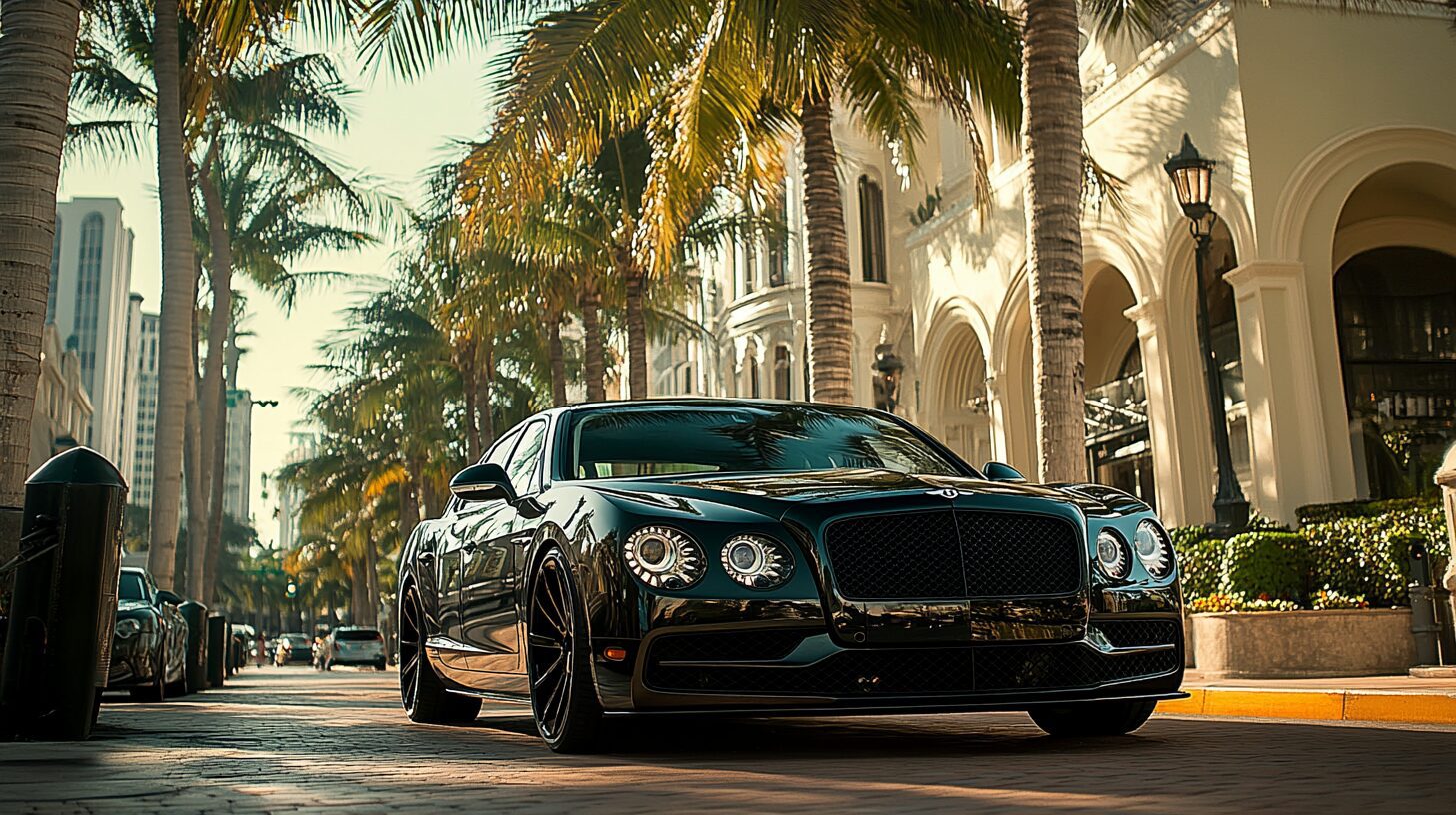 A black luxury sedan parked on a palm-lined street with upscale buildings.