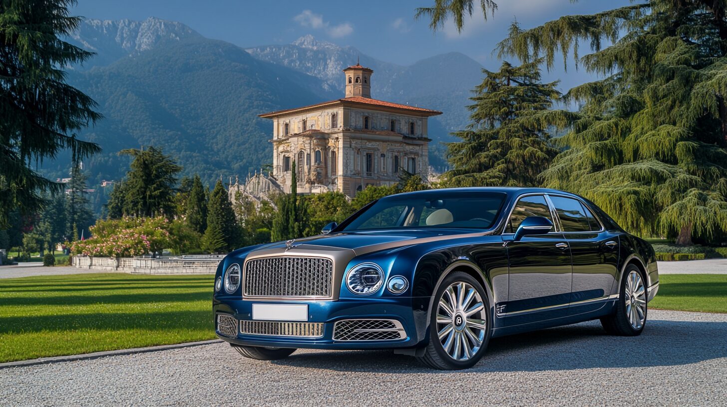A luxurious blue and gold Bentley Mulsanne parked on a gravel driveway in front of a grand Italian villa.