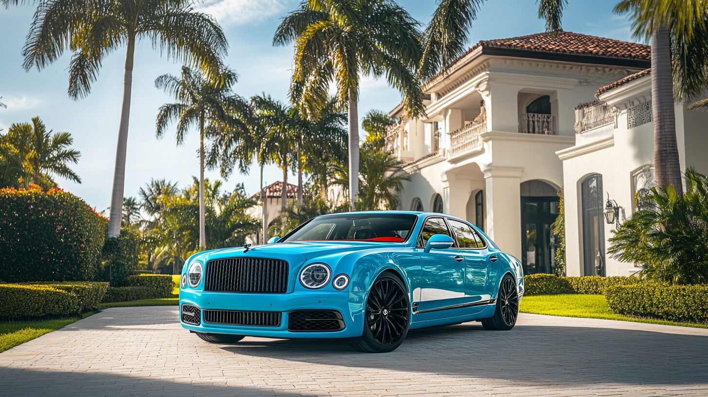 A vibrant blue Bentley Mulsanne parked in front of a luxurious white mansion with palm trees.