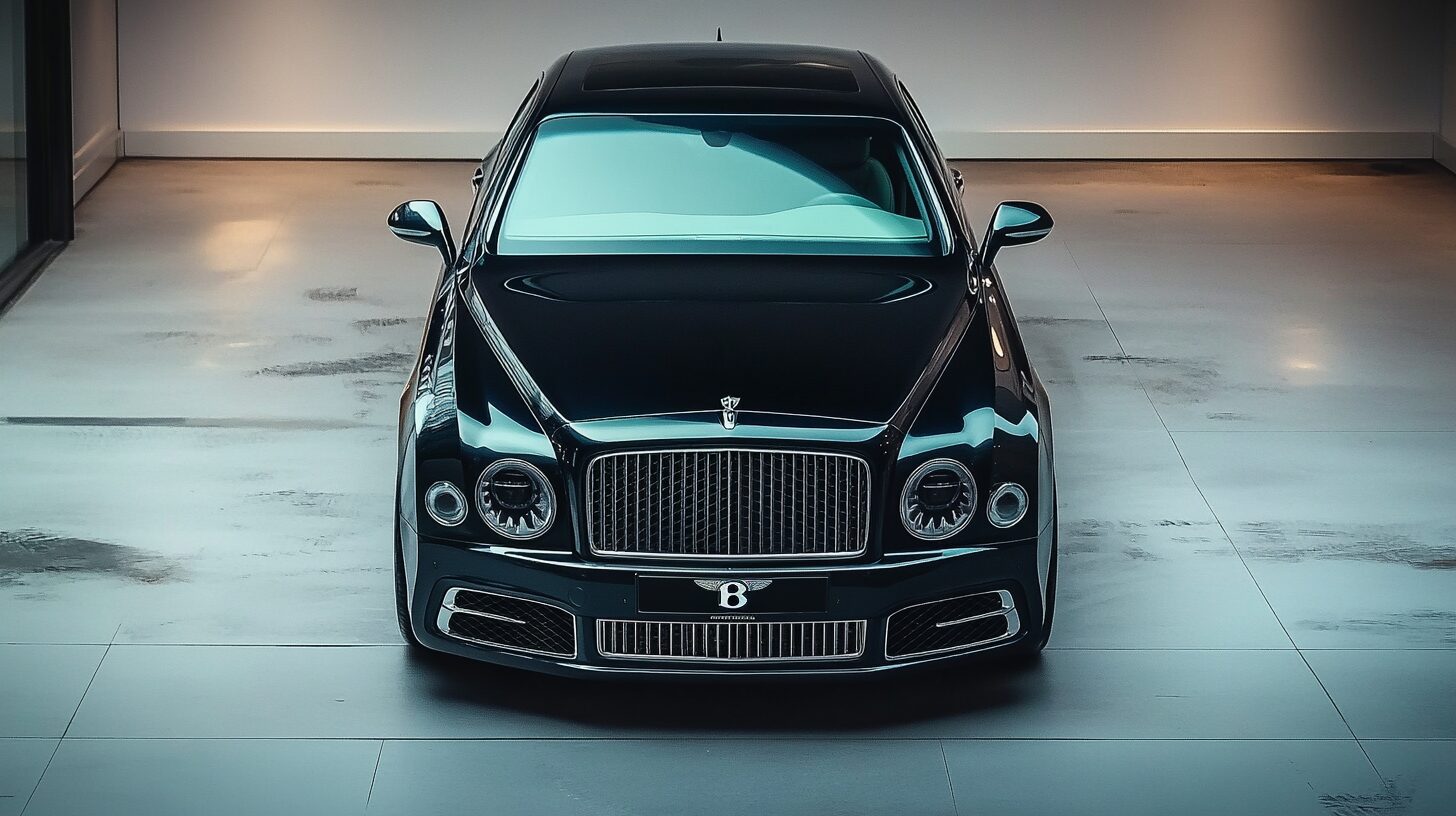 A sleek, black Bentley Mulsanne parked in a minimalist, well-lit showroom with a polished floor.