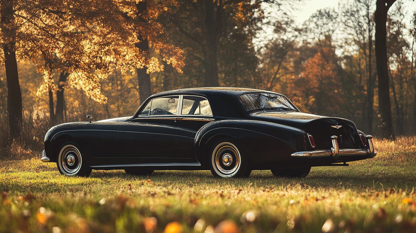 A vintage black car is parked in a grassy field with trees in the background, bathed in golden hour light.