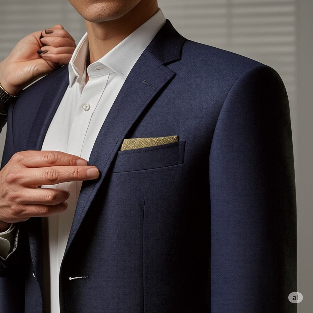 A person in a dark blue suit jacket with a white shirt and a gold patterned pocket square, with hands adjusting the lapel.