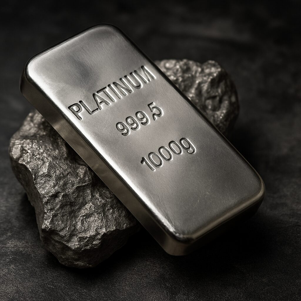 A shiny platinum bar rests on two rough platinum nuggets against a dark, textured background.
