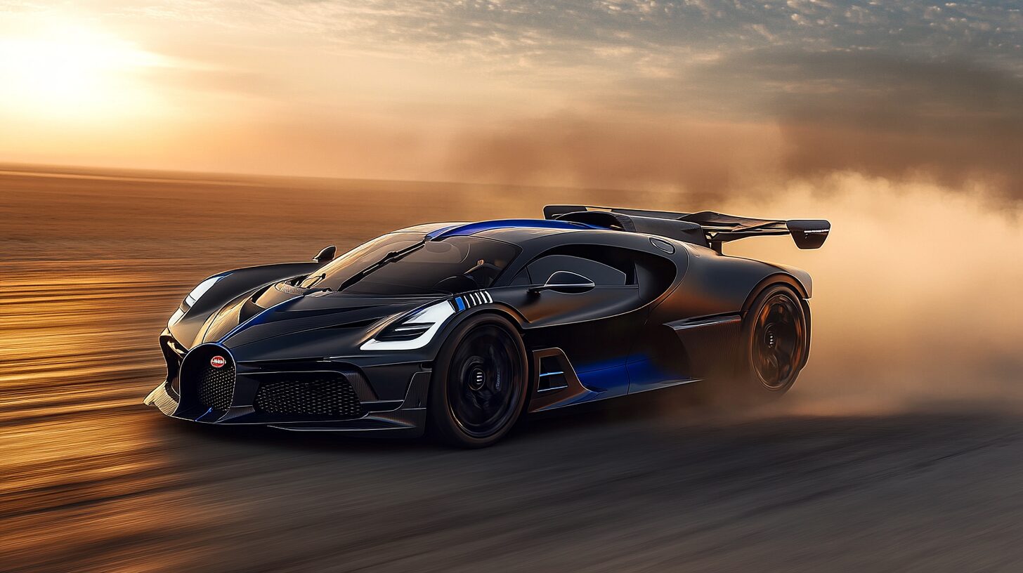 A black Bugatti Divo with blue accents speeds through a dusty, desert-like landscape at sunset.