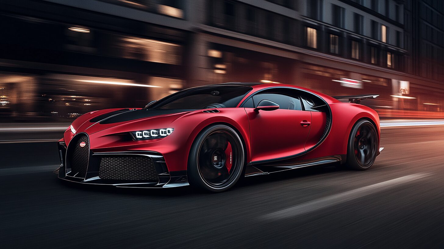 A red Bugatti Chiron races through a blurred city street at dusk, its sleek design and vibrant color standing out.