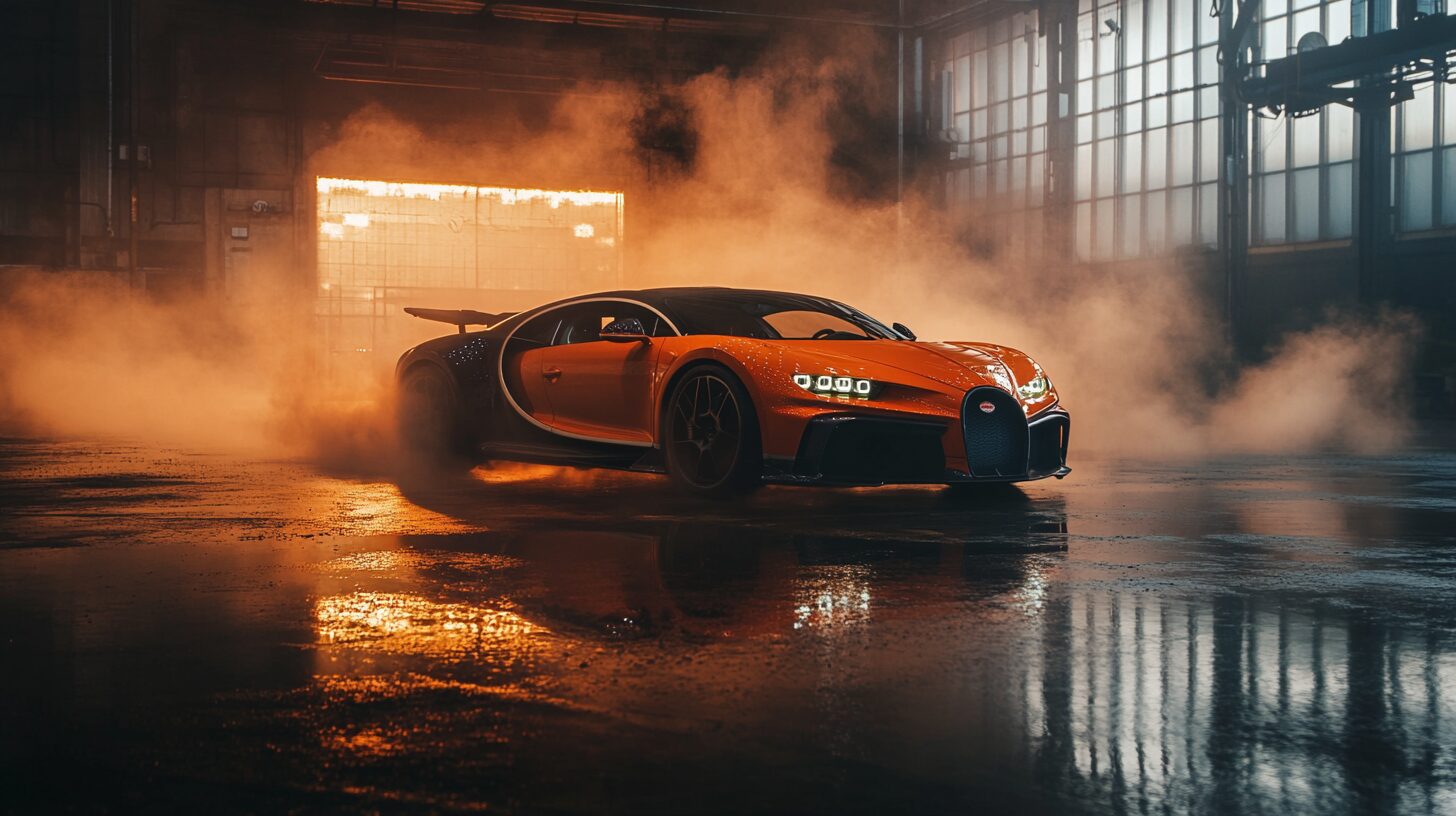 An orange and black Bugatti Chiron sports car in a smoky, industrial setting with wet floors and warm lighting.