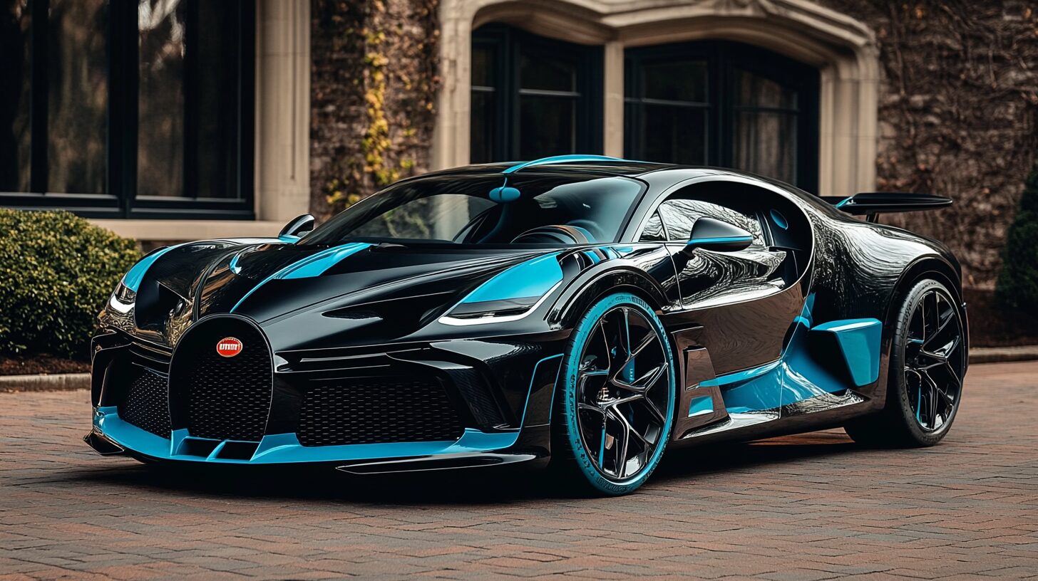 A sleek black Bugatti Divo with vibrant blue accents parked on a brick driveway in front of a grand building.